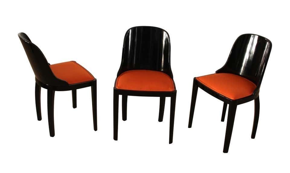 Set Of Five Art Deco Dining Chairs, Black With Orange Fabric, France, Circa 1930 photo Furniture