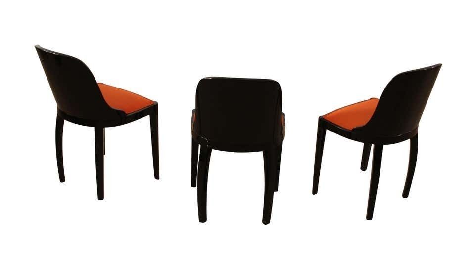 Set Of Five Art Deco Dining Chairs, Black With Orange Fabric, France, Circa 1930 photo 6520.0