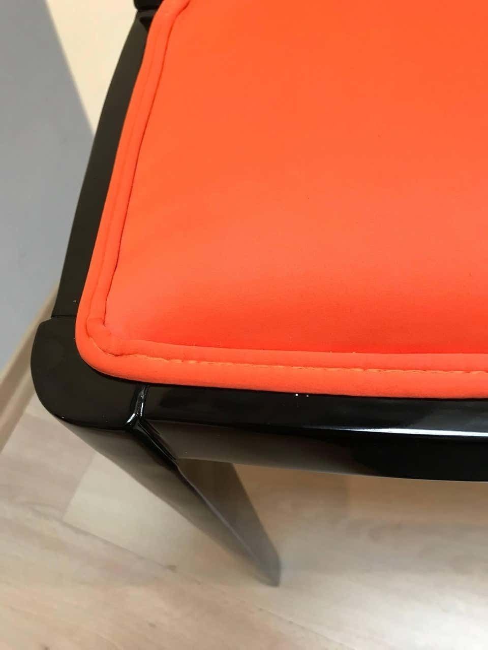 photo buy Set Of Five Art Deco Dining Chairs, Black With Orange Fabric, France, Circa 1930