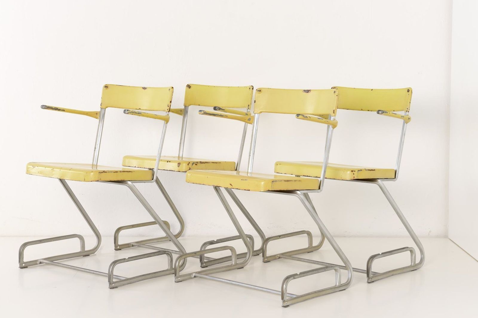 Swiss Industrial Iron And Zinc Dining Chairs, 1940s, Set Of 4 photo furniture