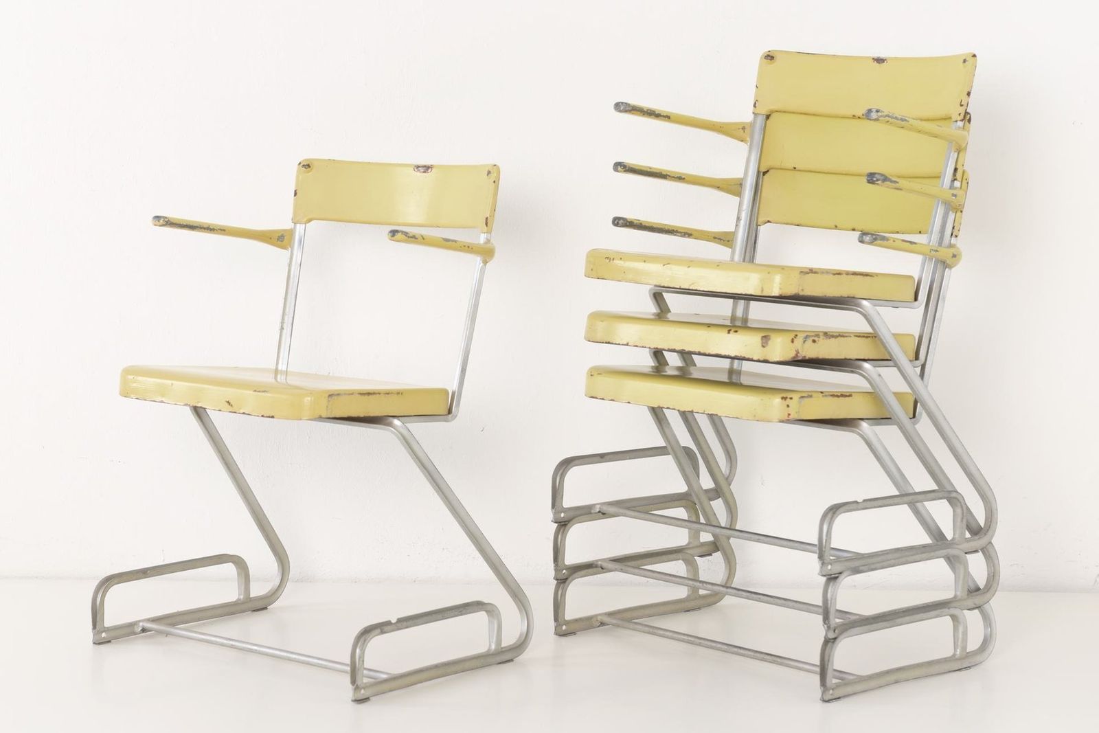 Furniture Swiss Industrial Iron And Zinc Dining Chairs, 1940s, Set Of 4 photo