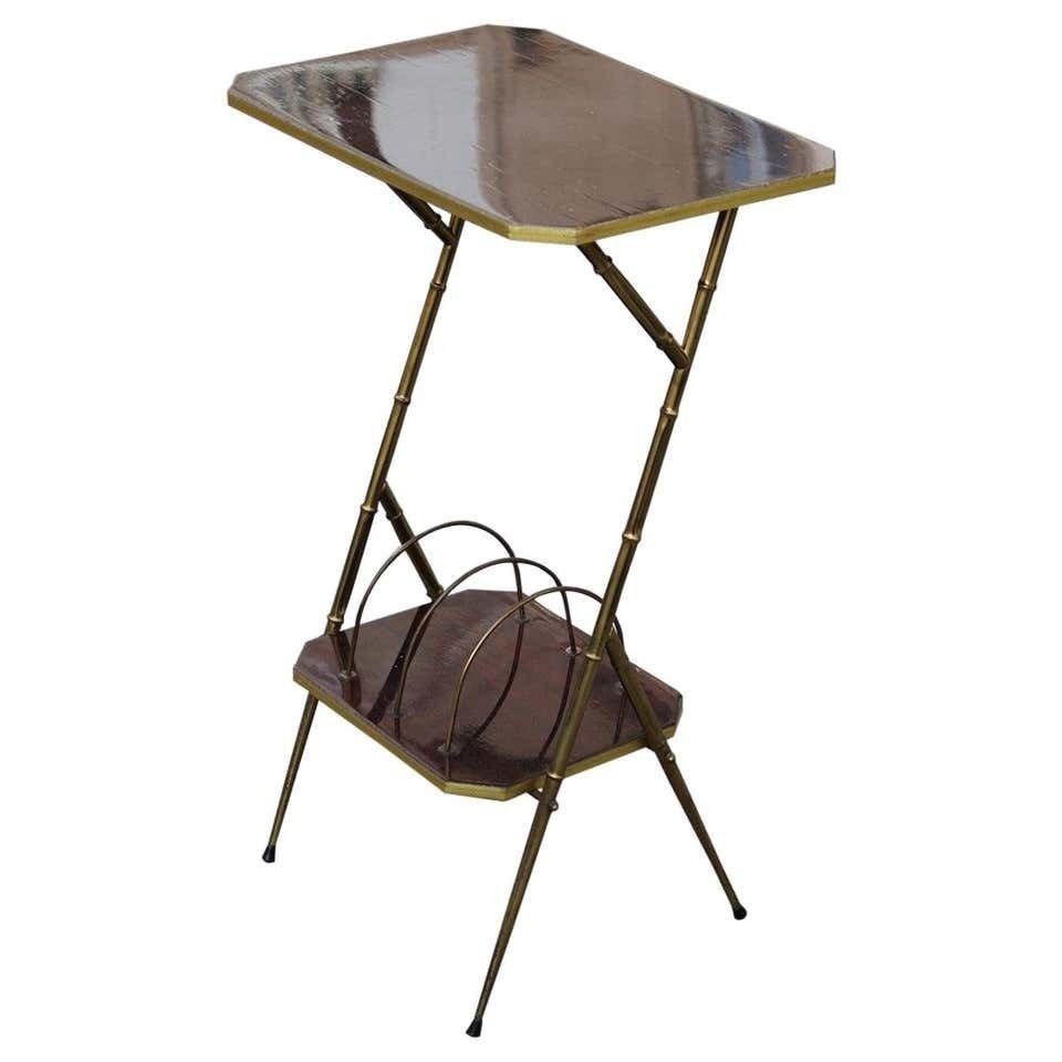 Midcentury Shelf Italian Design Brass Gols Wood Newspapers