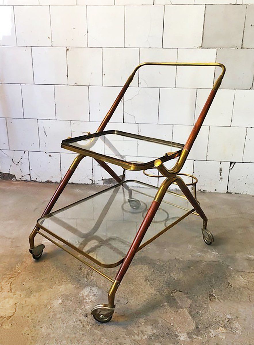 Houten Barcart Met Messing Details Van Cesare Lacca, Italië, Ca. Jaren 1950