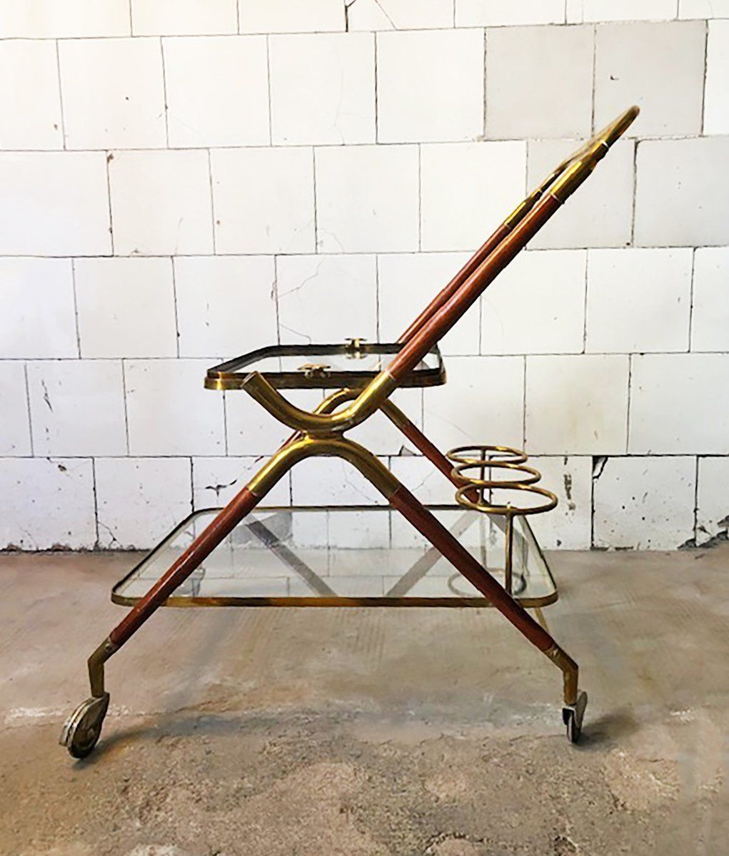 Wooden And Brass Bar Cart By Cesare Lacca, Italy, 1950s photo furniture