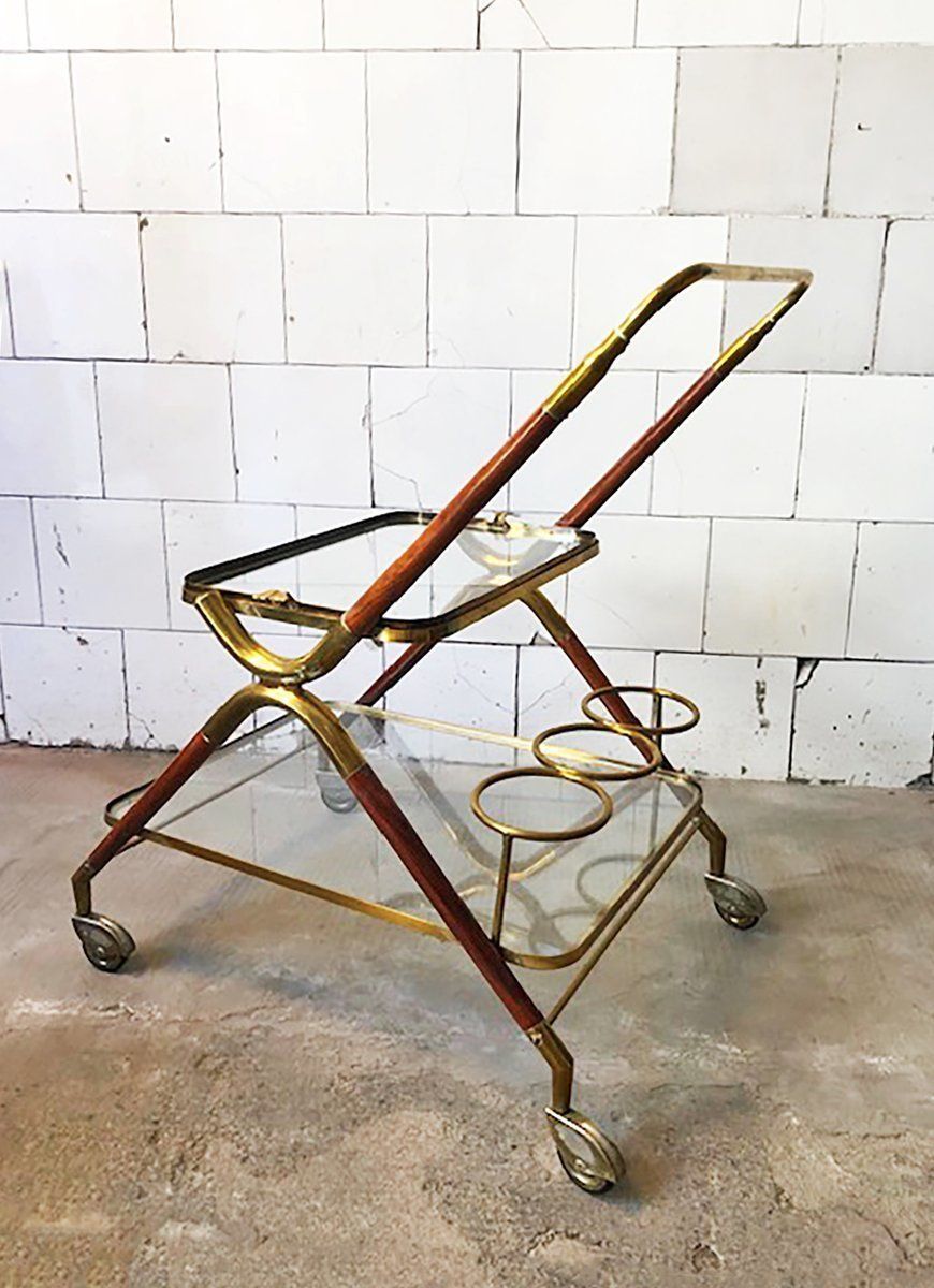Wooden And Brass Bar Cart By Cesare Lacca, Italy, 1950s photo for sale