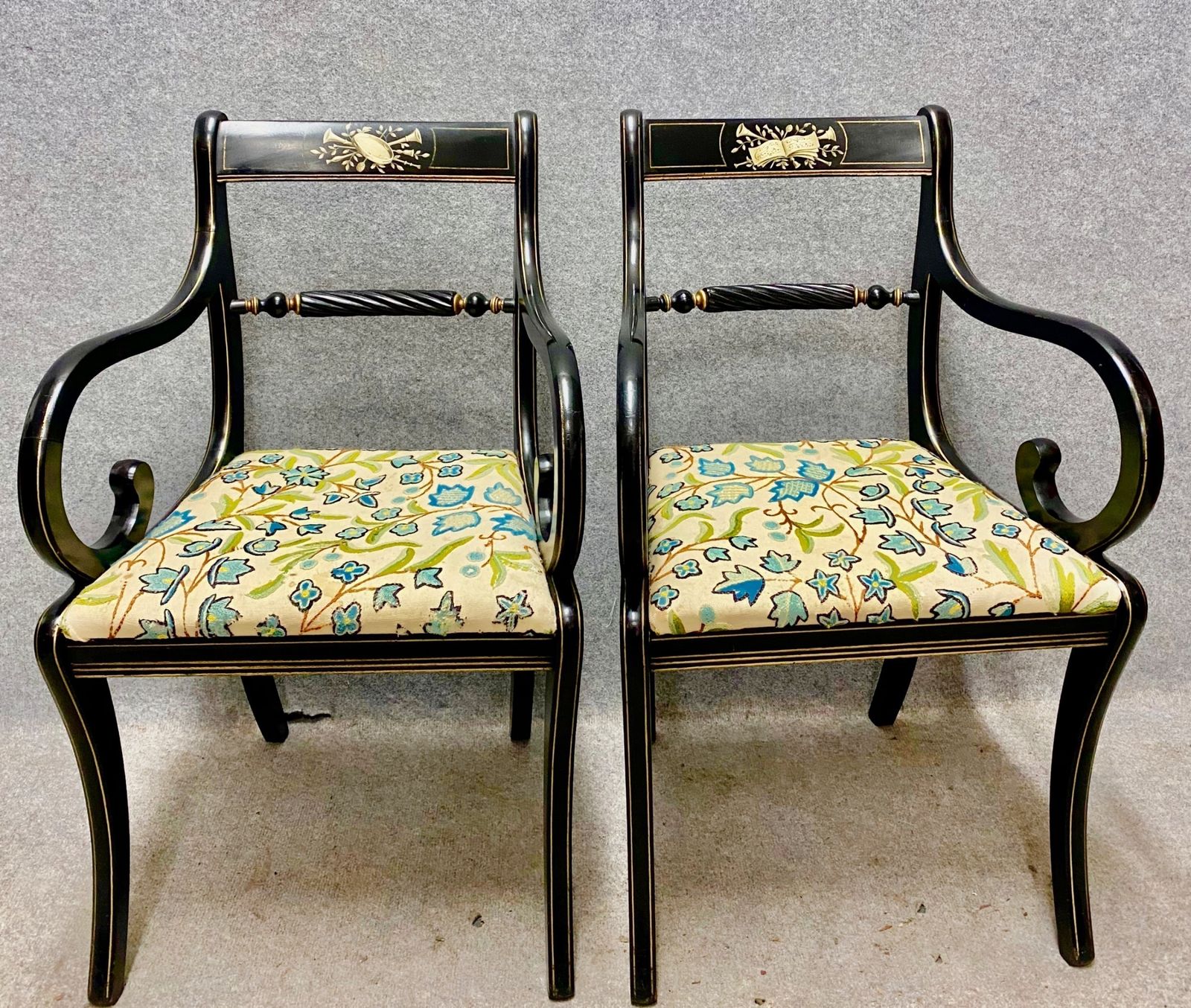 Set Of 4 Regency Style Ebonised & Decorated Elbow Chairs photo buy
