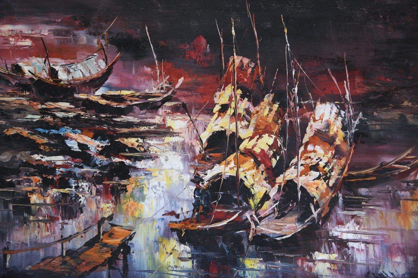 Mid Century Oriental Abstract Oil On Board.