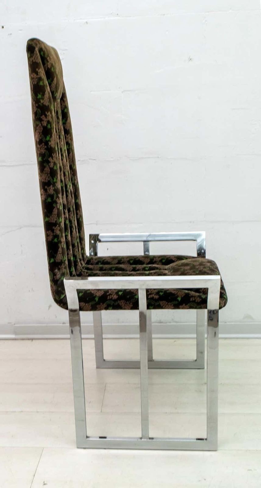photo for sale Set Of 4 Mid Century Modern Italian Chromed Steel And Velvet Dining Chairs, 70s