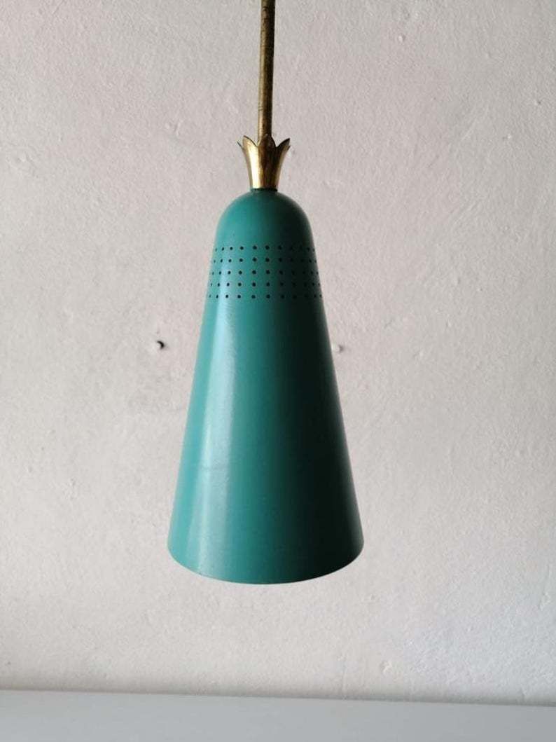 Original Mint Green Metal Conical Shape Pendant Lamp   Stilnovo Era   Brass Details   Mid Century Modern 60s   Manufactured In Italy photo for sale