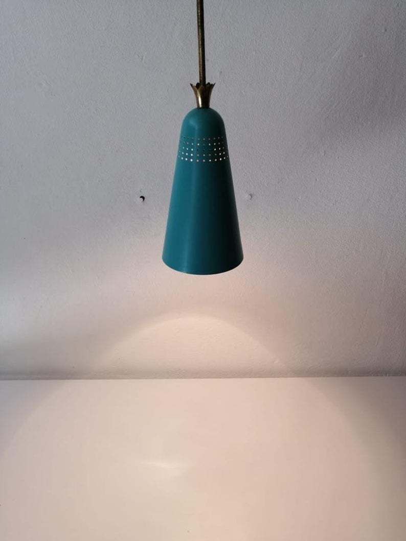 Original Mint Green Metal Conical Shape Pendant Lamp   Stilnovo Era   Brass Details   Mid Century Modern 60s   Manufactured In Italy photo vintage