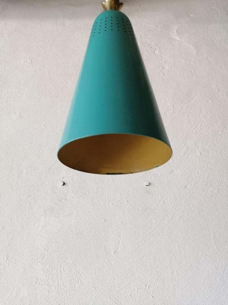 photo furniture Original Mint Green Metal Conical Shape Pendant Lamp   Stilnovo Era   Brass Details   Mid Century Modern 60s   Manufactured In Italy