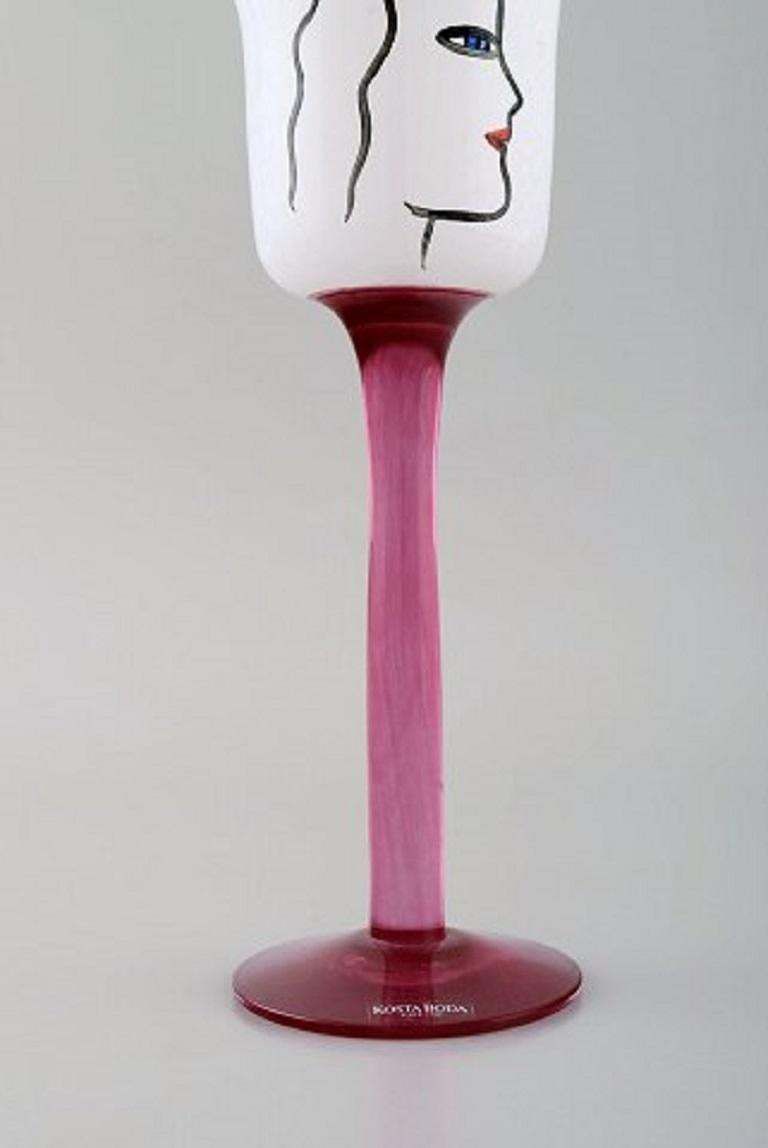 Ulrica Hydman Vallien For Kosta Boda, Hand Painted Wine Glass In Art Glass photo for sale