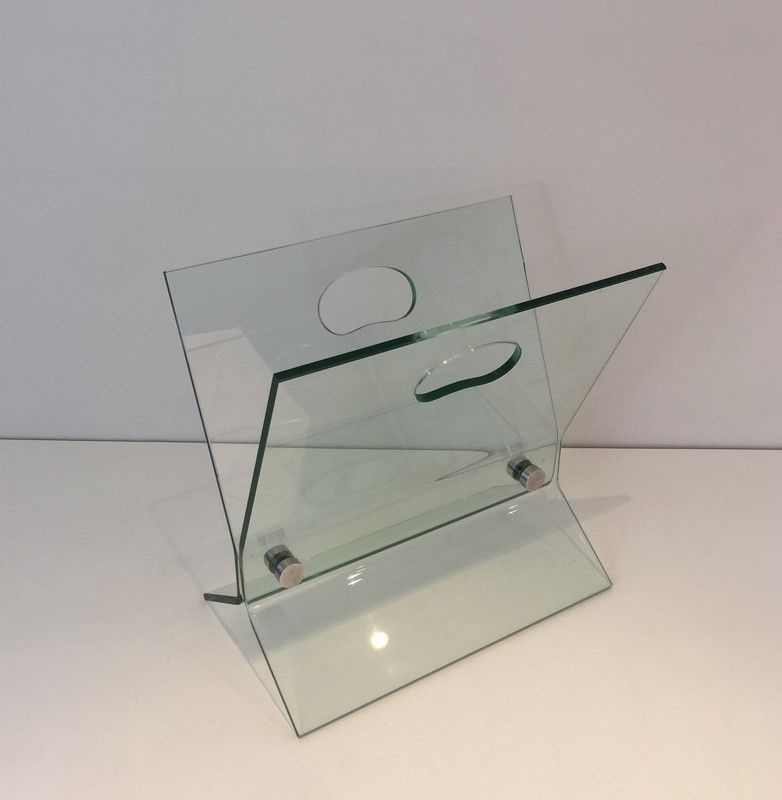 In The Style Of François Arnal. Glass And Brushed Steel Design Magazine Rack. French. Circa 1970 photo for sale