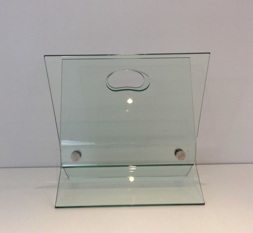 In The Style Of François Arnal. Glass And Brushed Steel Design Magazine Rack. French. Circa 1970 photo 950.0