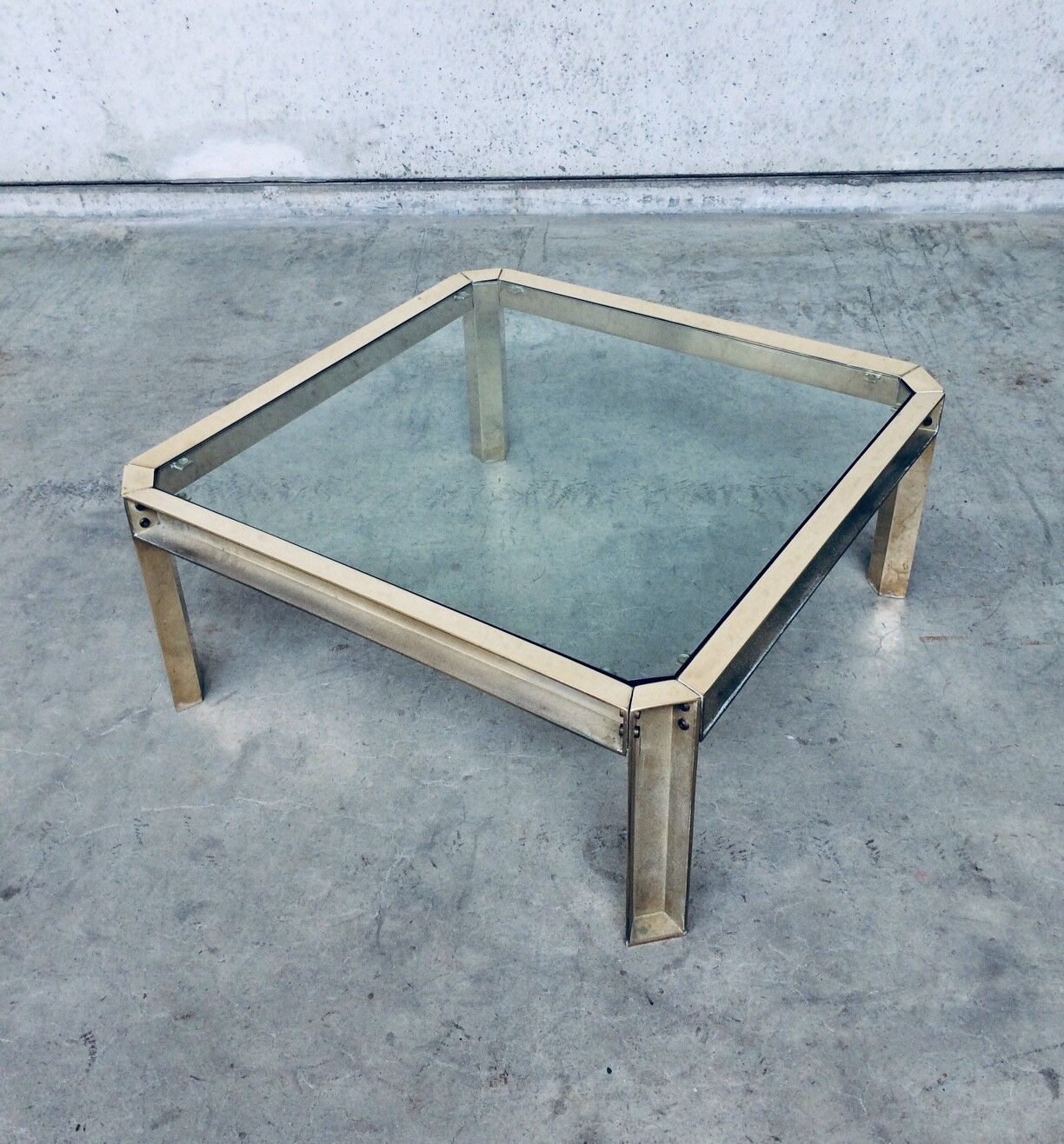 Brutalist Design Style Brass & Glass Square Coffee Table 1970s