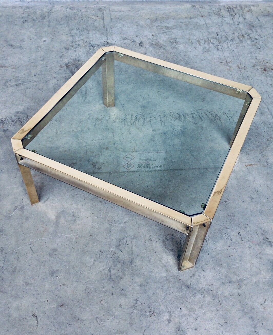 Brutalist Design Style Brass & Glass Square Coffee Table 1970s photo Furniture