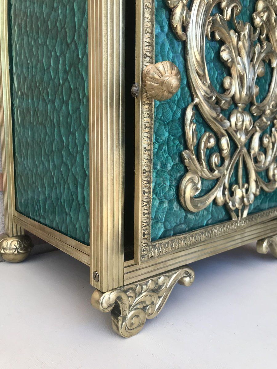 photo furniture Antique Louis XVI Bronze Vitrine Nightstands With Green Glass Doors And Drawer, Set Of 2