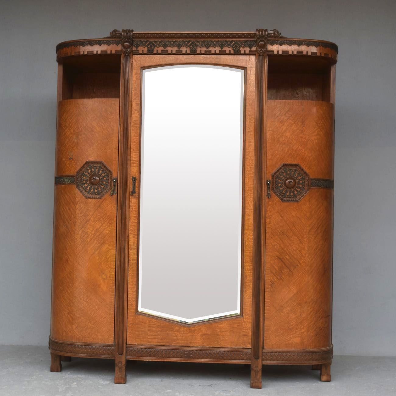 1900 Art Nouveau Mahogany Mirrored Cabinet With Maple Burl photo furniture