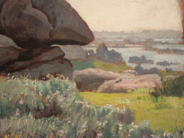 Le Gros Rocher Oil On Cardboard By Bousquet (34 X 26) photo buy