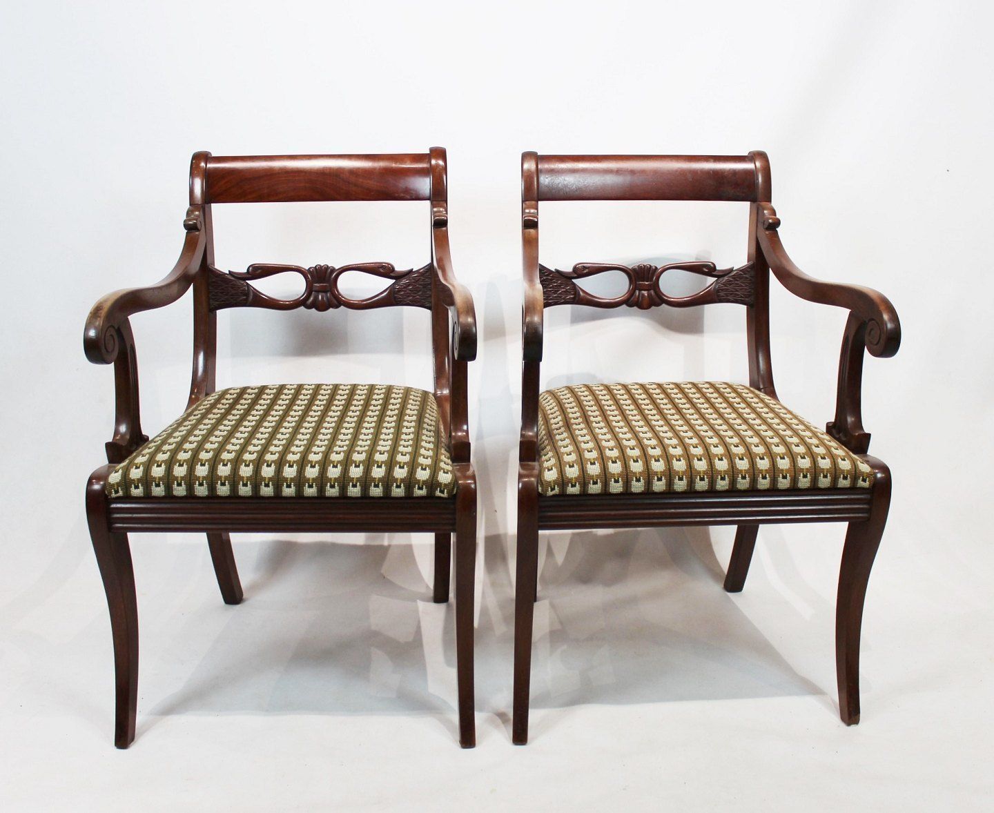 A Pair Of Mahogany Late Empire Armchairs, Upholstered In Dark Green Fabric From The 1860s. photo furniture