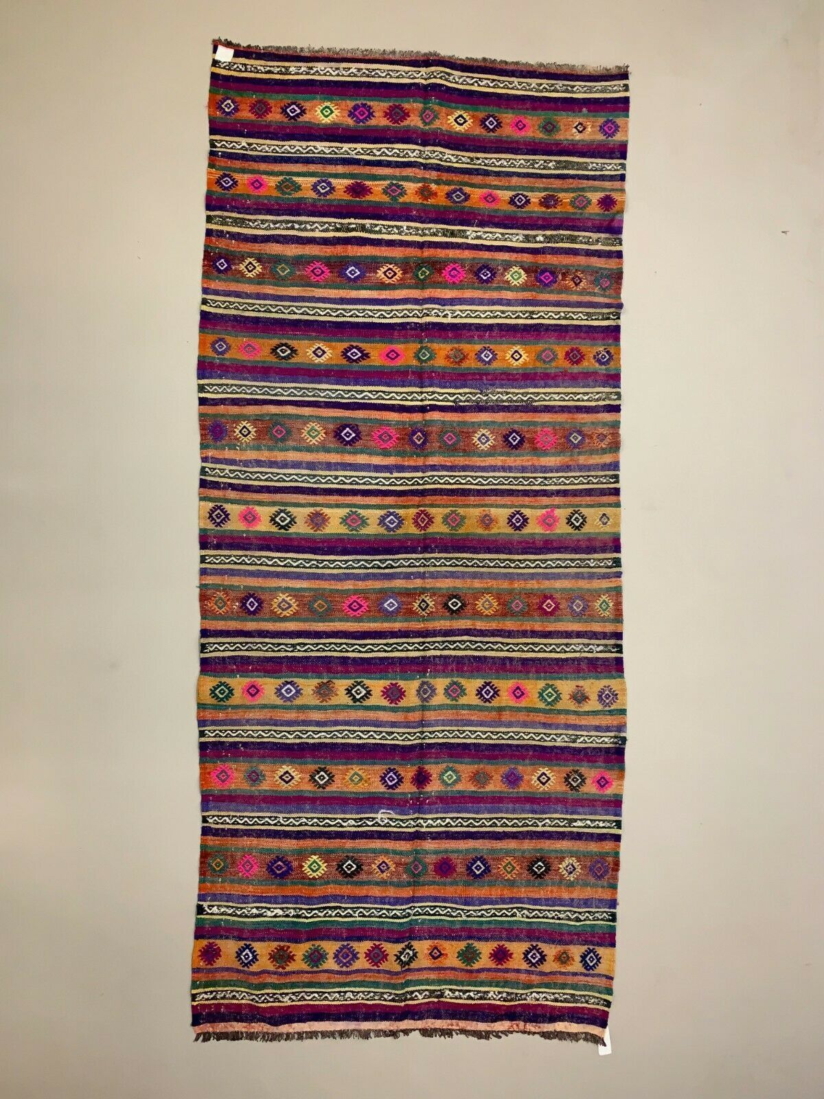 Colourful Vintage Turkish Kilim 318x138 Cm Kelim Rug Wool Red Green Black Large