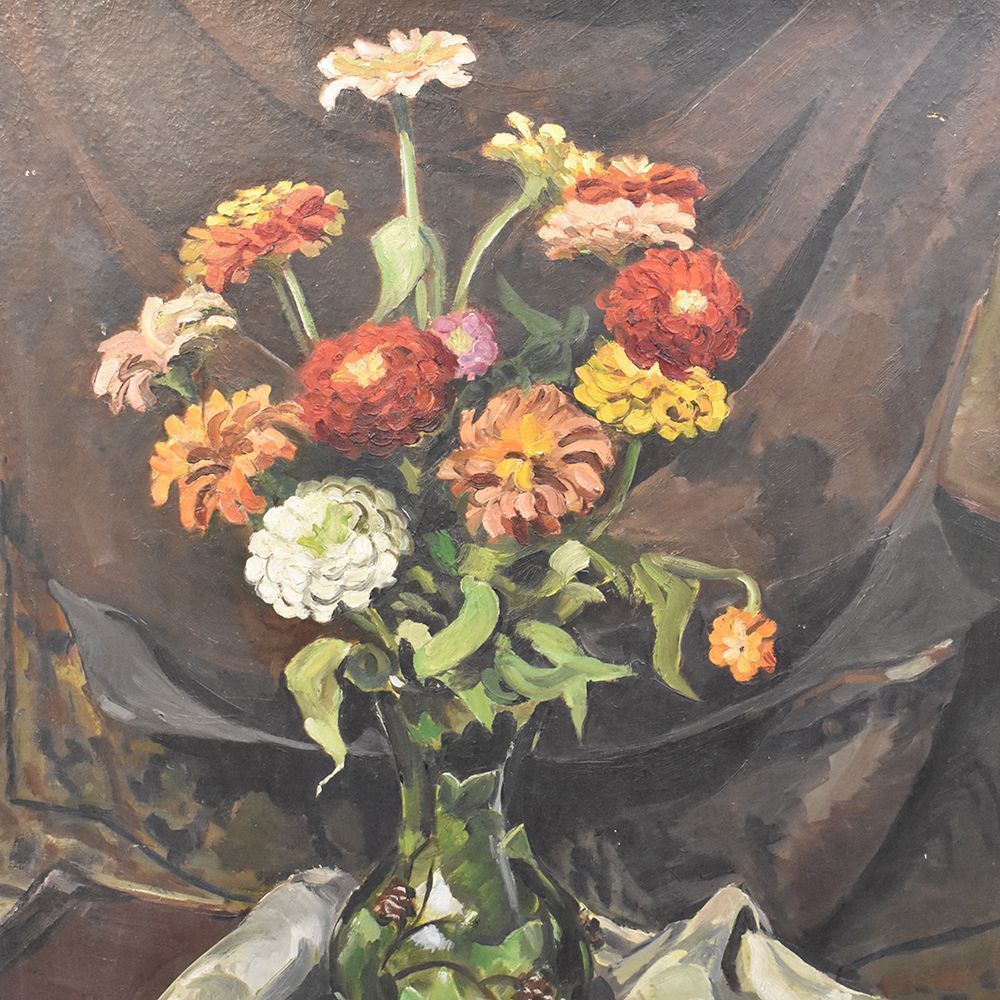 Flower Painting, Yellow And Red Zinnie Flowers, Still Life, Oil On Wood, 20th Century, Art Deco. (Qf248) photo furniture