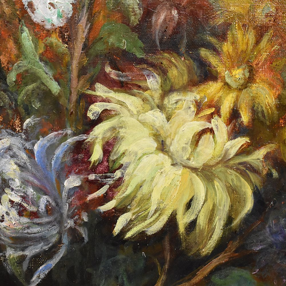 Antique Flower Painting, Chrysanthemums And Dahlias Flowers Art, Still Life, Oil On Canvas, 19th Century. (Qf251) photo vinterior