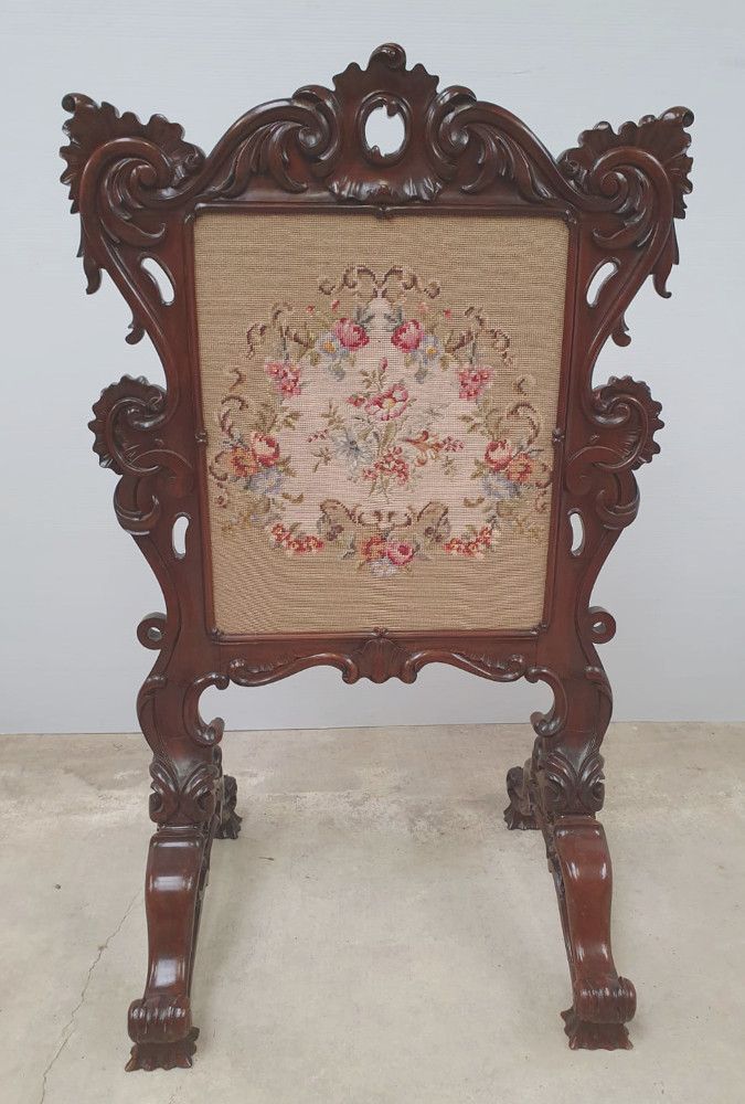 Rare 19th Century Rosewood Firescreen With Floral Tapestry Insert