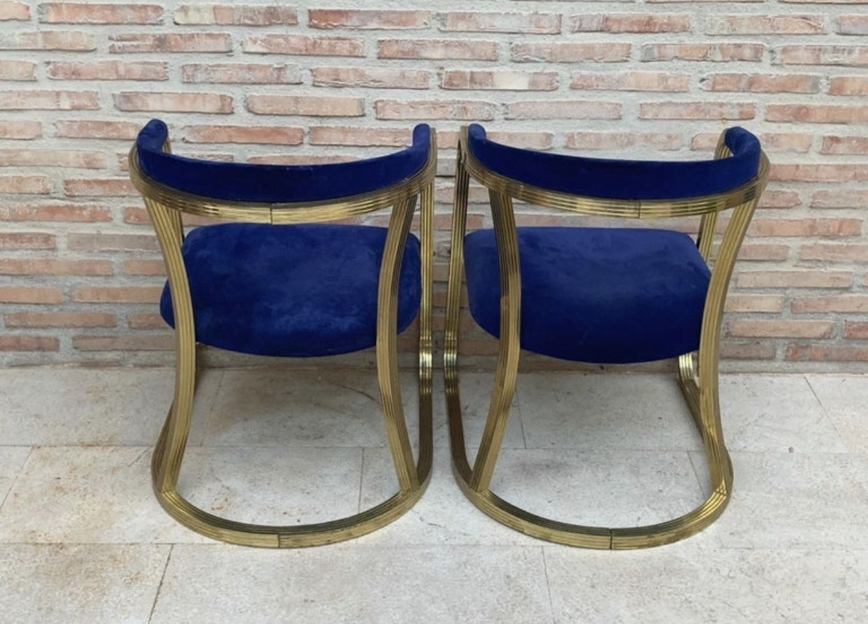 photo furniture French Pair Of Midcentury Gold Brass Chairs With Blue Velvet Upholstery