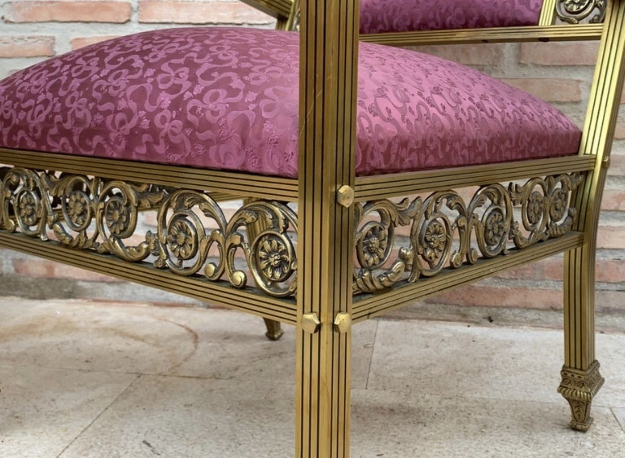 photo for sale 20th French Pair Gold Brass & Bronze Arm Chairs With Pink Velvet Upholstery