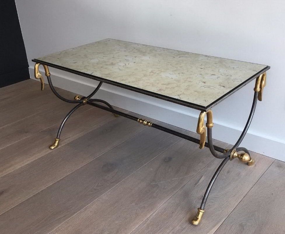 Maison Jansen Brushed Steel And Brass Coffee Table With Swanheads And Feet. Circa 1970