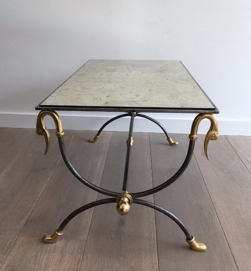 Maison Jansen Brushed Steel And Brass Coffee Table With Swanheads And Feet. Circa 1970 photo 1500.0