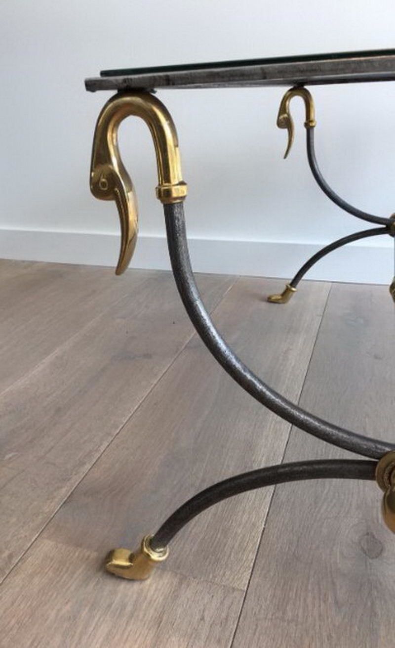 Maison Jansen Brushed Steel And Brass Coffee Table With Swanheads And Feet. Circa 1970 photo buy