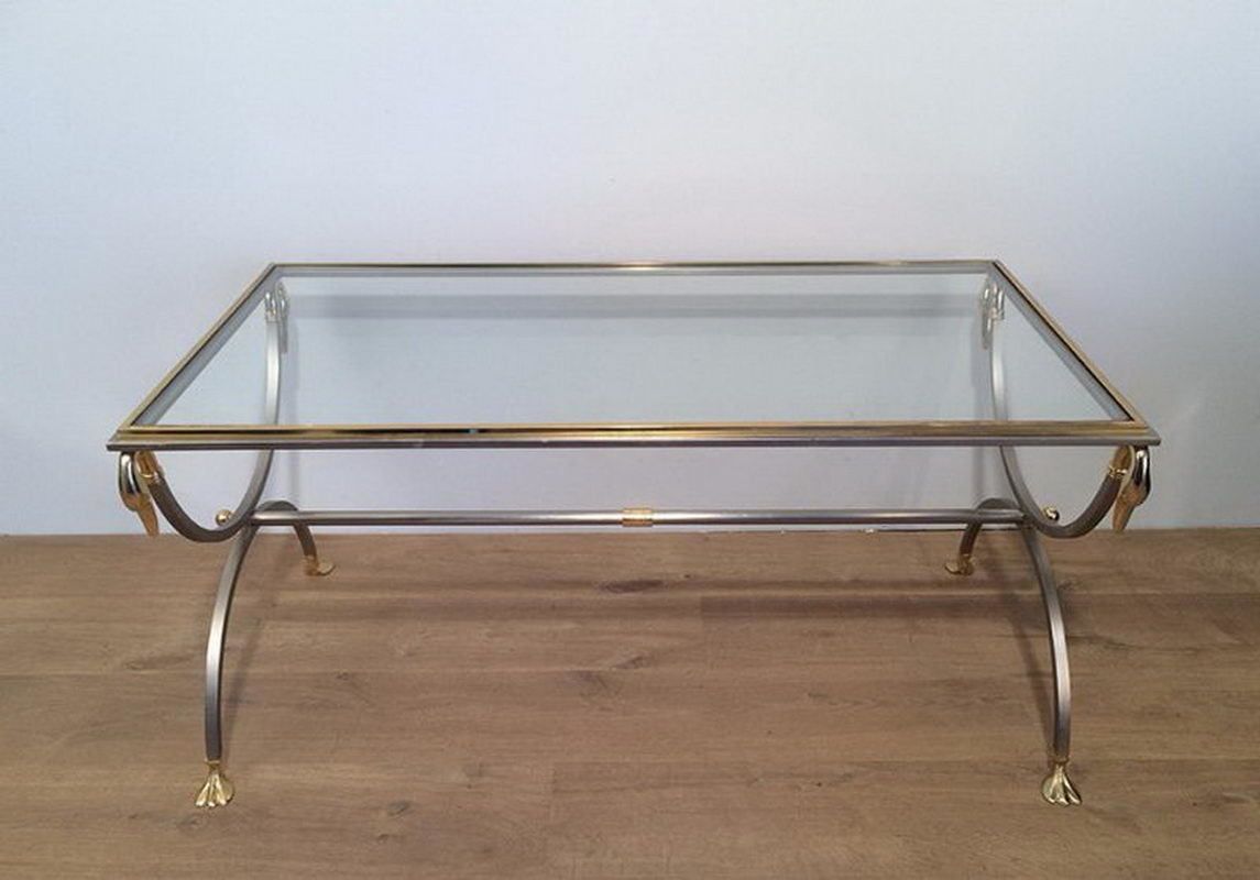 Maison Jansen. Brushed Steel And Brass Coffee Table With Swanheads And Feet. Circa 1970 photo furniture
