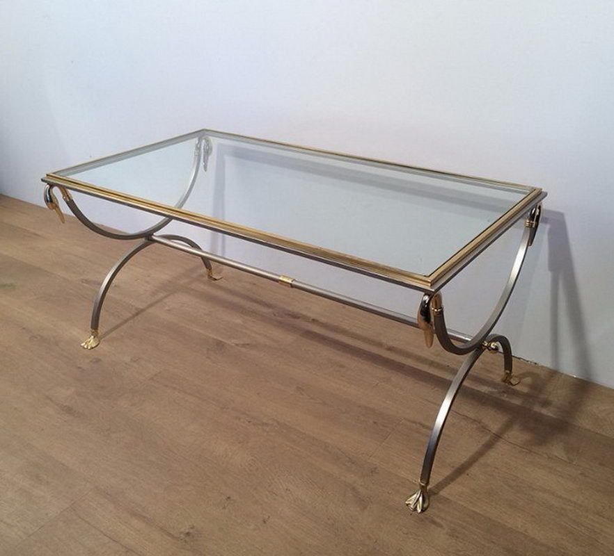 Maison Jansen. Brushed Steel And Brass Coffee Table With Swanheads And Feet. Circa 1970 photo for sale