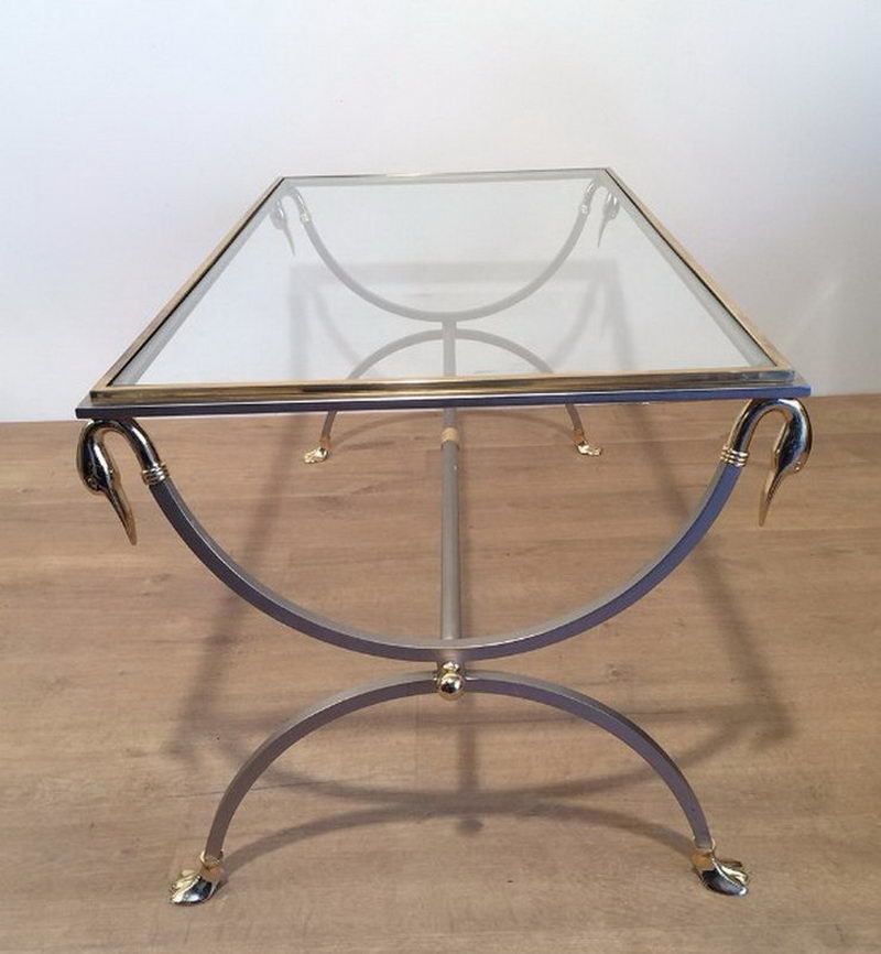 Maison Jansen. Brushed Steel And Brass Coffee Table With Swanheads And Feet. Circa 1970 photo 2100.0