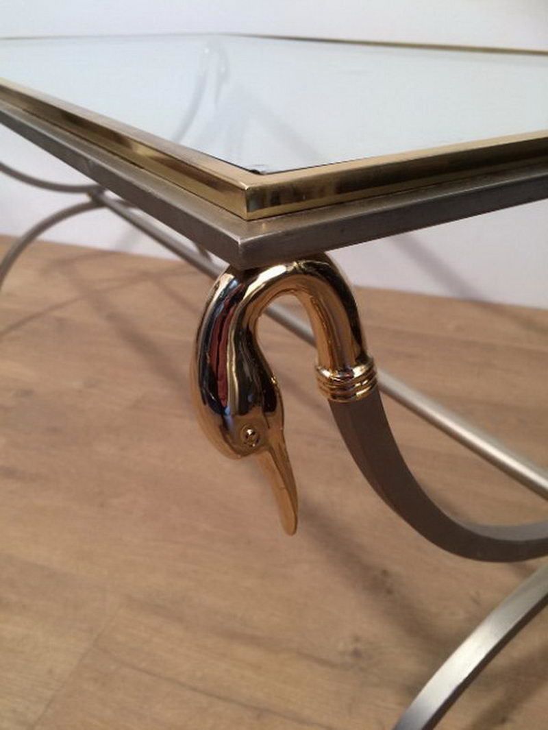 Maison Jansen. Brushed Steel And Brass Coffee Table With Swanheads And Feet. Circa 1970 photo vinterior