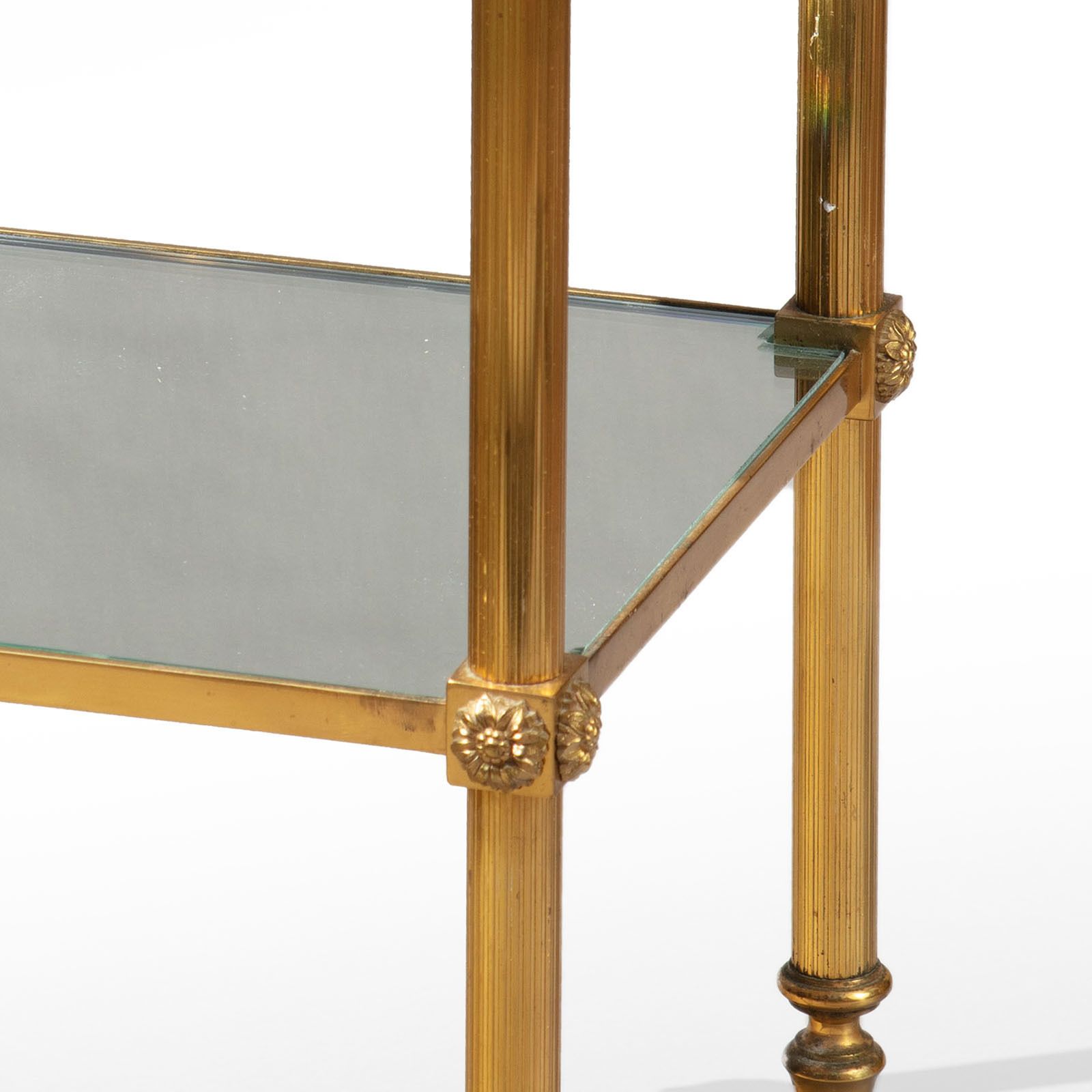 Pair Of Reeded Brass Etagere End Tables With Mirror Shelves photo furniture