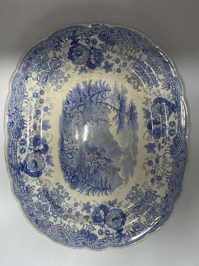 Large Antique Blue & White Meat Platter photo Home Decor