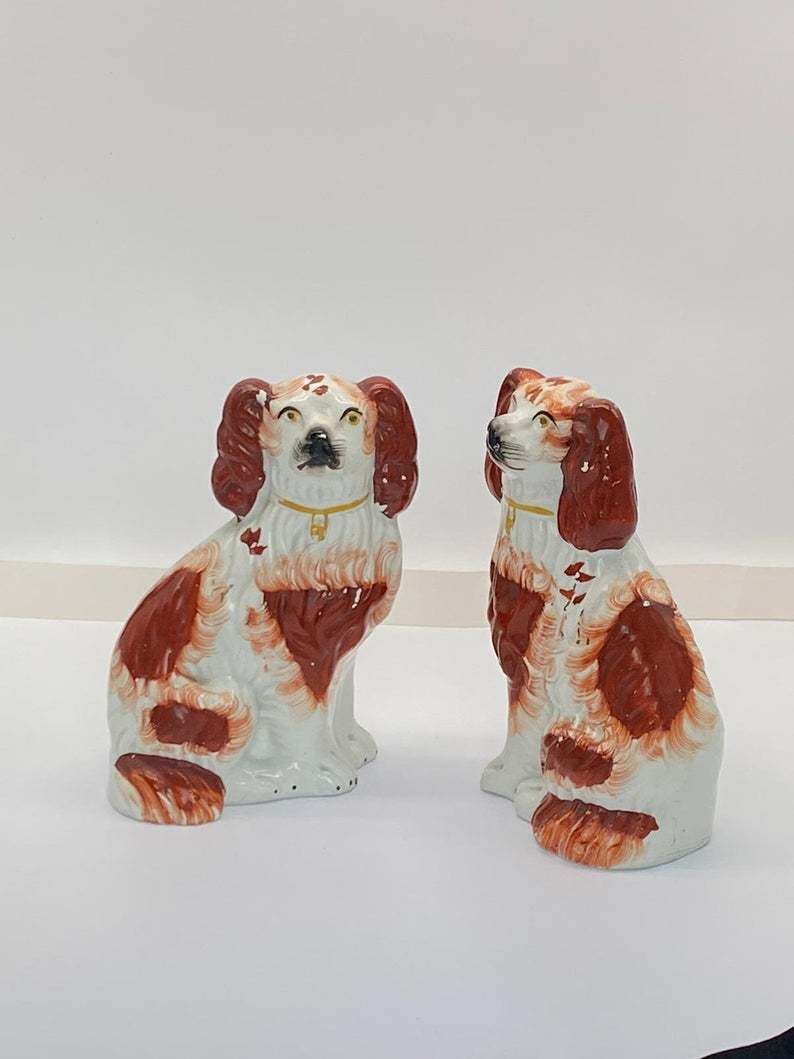 Pair Of Antique Brown & White Staffordshire Dogs photo Art