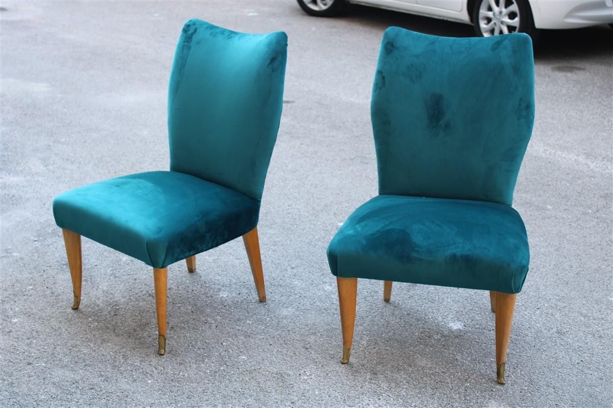 Room Set Pair Of Chairs Green Velvet Ashwood Italian Design Midcentury, 1950s photo for sale