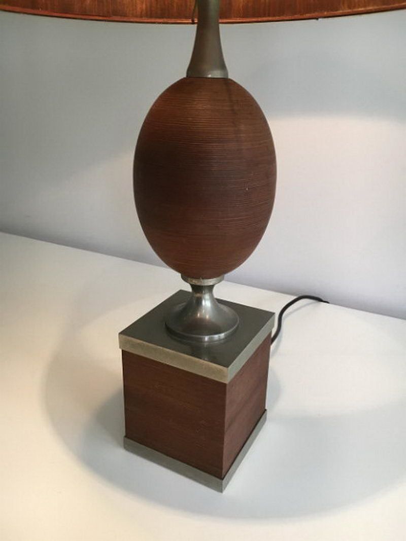 Wood And Brushed Steel Egg Lamp With Wooden Shade. Circa 1970 photo 900.0