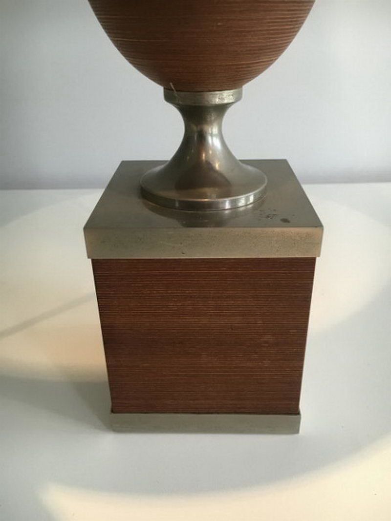 Wood And Brushed Steel Egg Lamp With Wooden Shade. Circa 1970 photo vintage