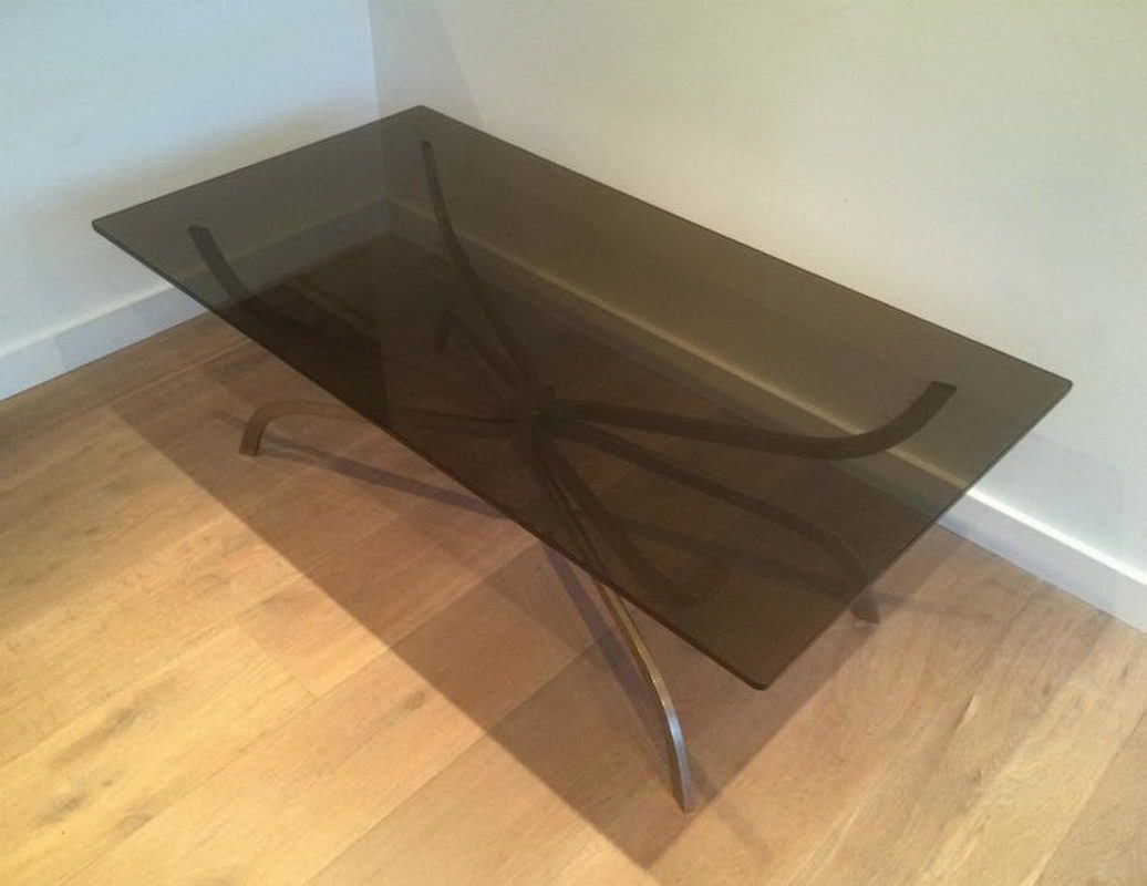 Maison Charles. Interesting Brushed Steel Coffee Table With Smoked Glass Top. Top Quality. Circa 1960 photo for sale
