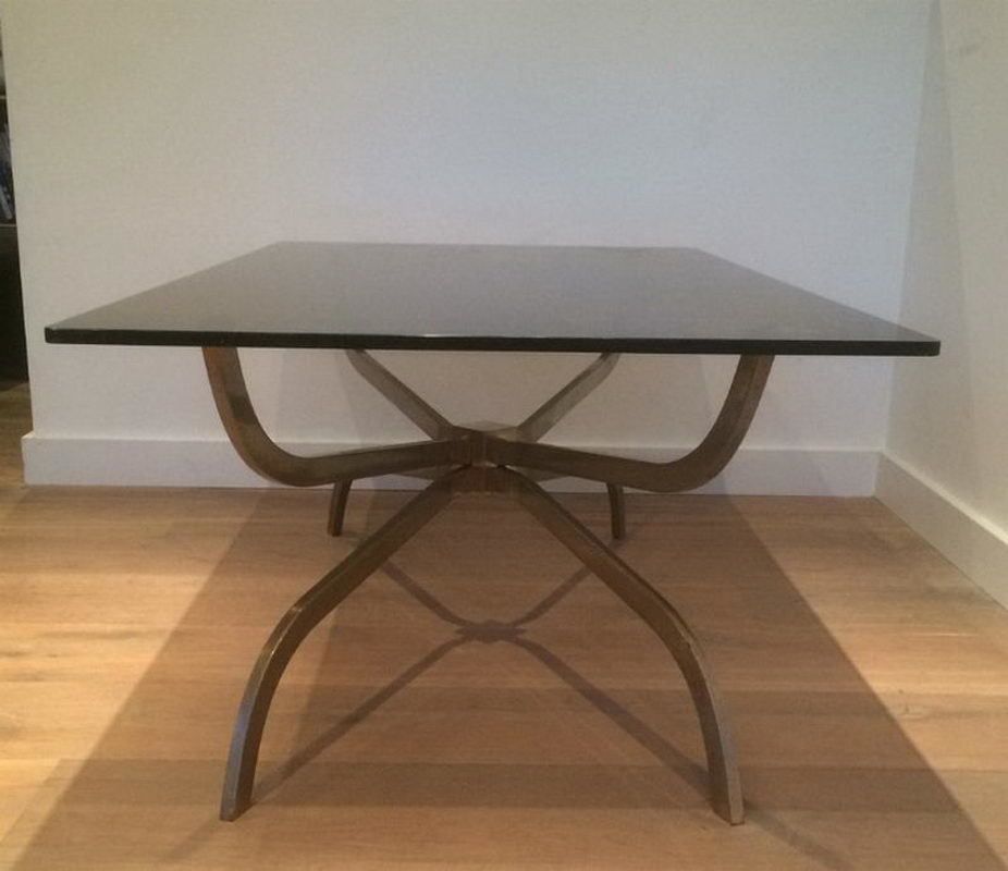 Maison Charles. Interesting Brushed Steel Coffee Table With Smoked Glass Top. Top Quality. Circa 1960 photo 2220.0