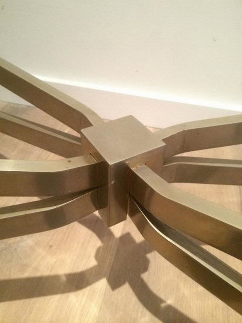Maison Charles. Interesting Brushed Steel Coffee Table With Smoked Glass Top. Top Quality. Circa 1960 photo vintage