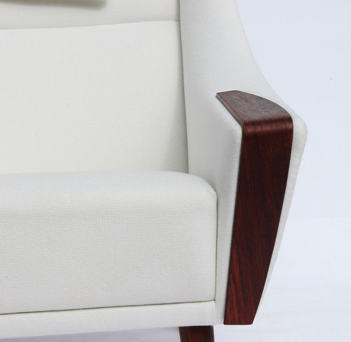 Armchair With High Back, Upholstered In White Fabric, With Rosewood Of Danish Design From The 1960s photo Furniture