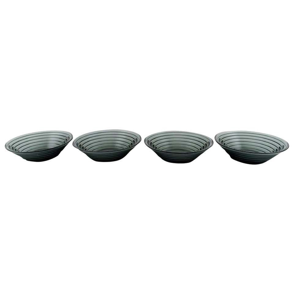 Aino Aalto For Iittala, Four Bowls In Blue Green Art Glass, Finnish Design