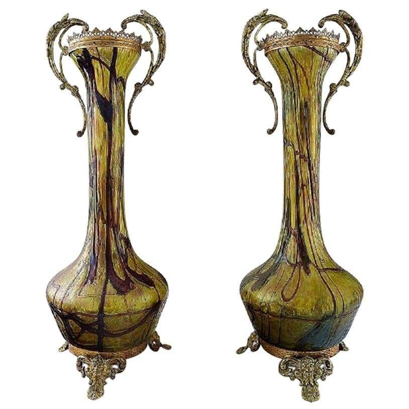 Art Nouveau A Pair Of Large Art Glass Vases, Bronze Fittings, Circa 1900