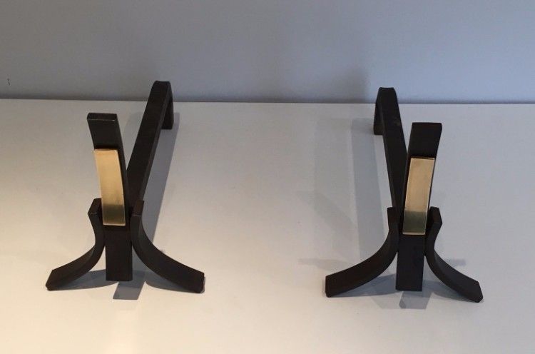 Brushed Steel And Brass Andirons. Circa 1950 photo for sale